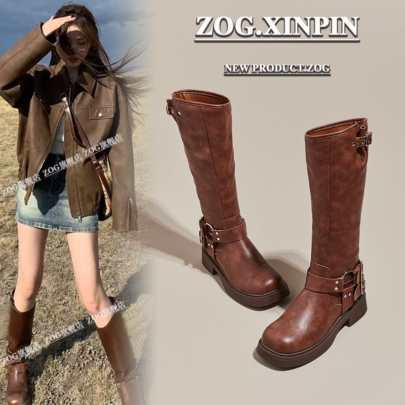 부츠 여성 부츠 2024 새로운 두꺼운 밑창 두꺼운 힐 하이 나이트 부츠 브라운 아메리칸 레트로 웨스턴 카우보이 부츠