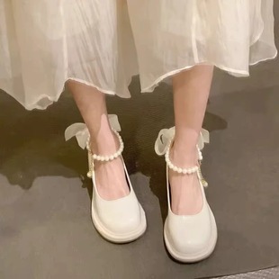 春季 仙女风小皮鞋 粗跟玛丽珍女鞋 白色配裙子高跟单鞋 2024新款 法式