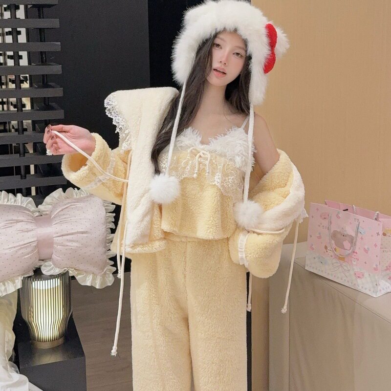 轻奢甜美秋冬可爱法兰绒睡衣女套装带帽子家居服休闲可外穿