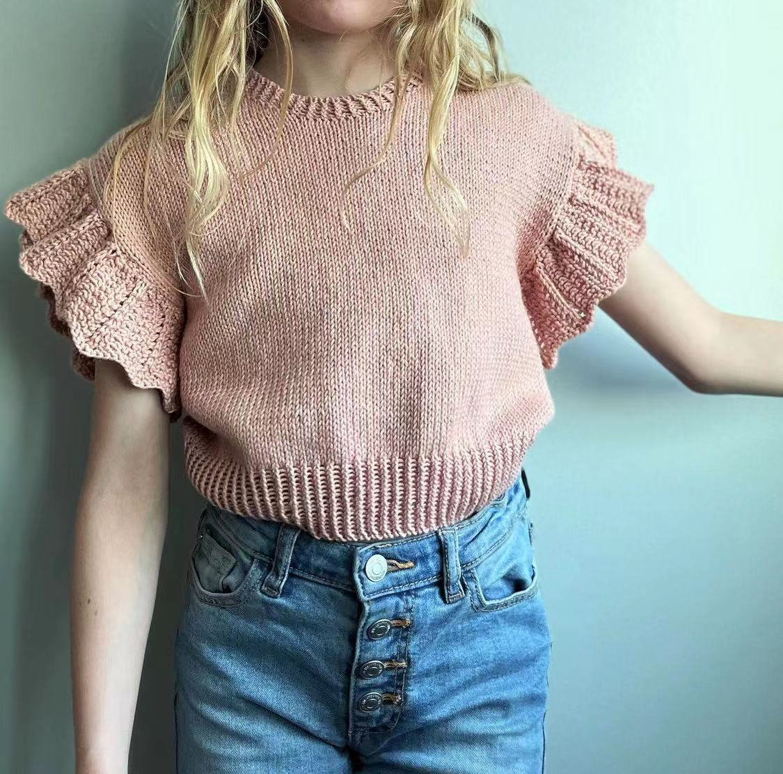 旋律 女童短袖上衣T恤棒针文字编织说明图解 非成品