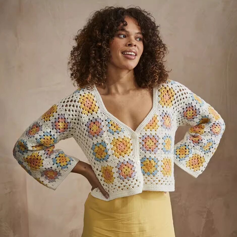 祖母方格短外套 钩针编织毛衣开衫文字说明 君小君图解 非成品