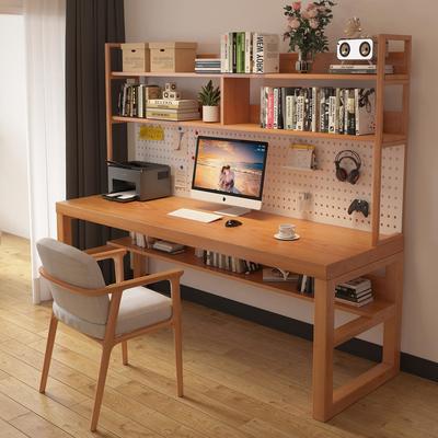 全实木书桌书架一体靠墙写字小户型学生家用洞洞板电脑学习桌书柜