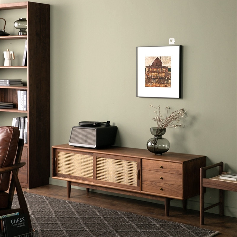 日式实木复古藤编电视机柜北欧小户型简约现代原木黑胡桃色落地柜