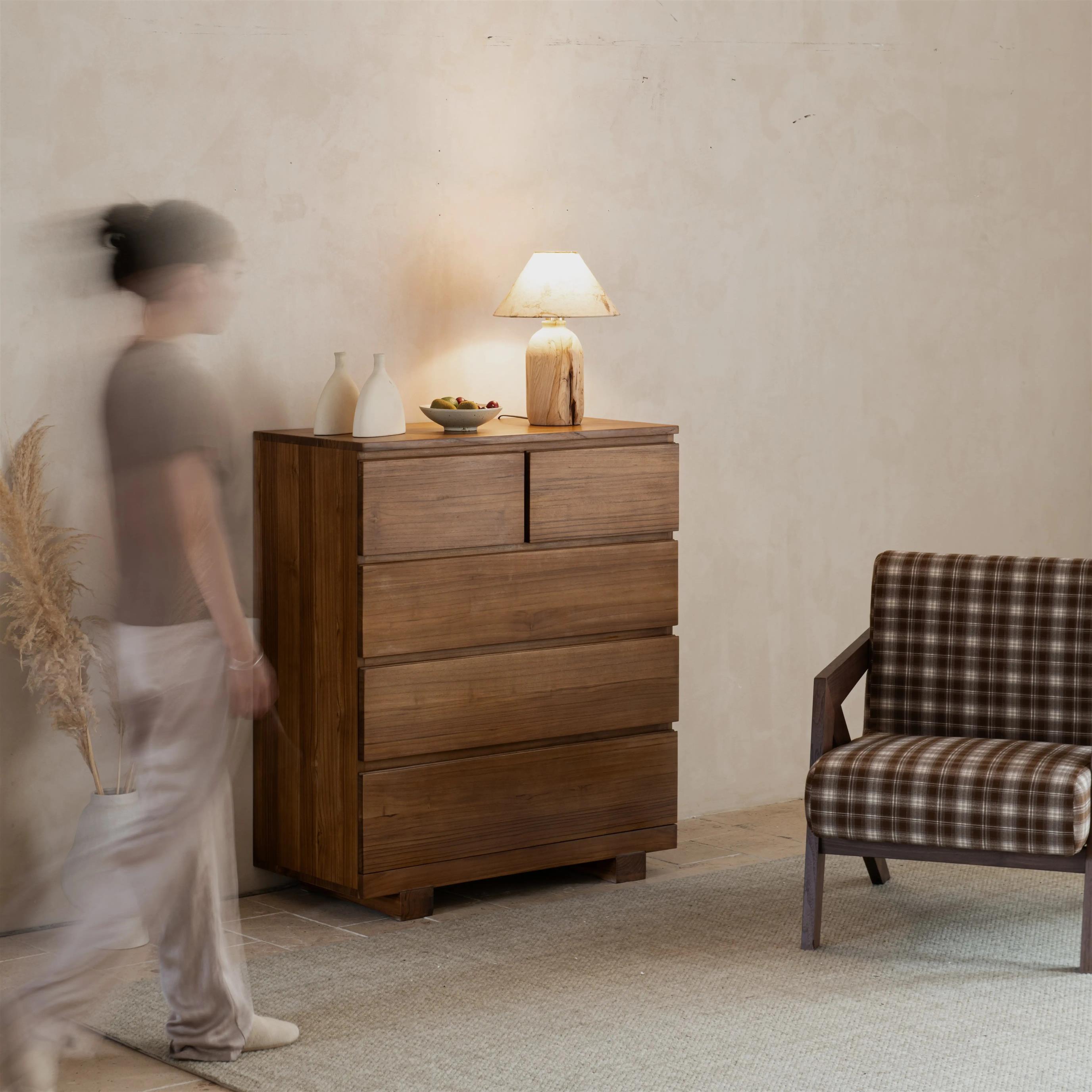 复古全实木五斗柜抽屉柜卧室收纳柜中古风进口柚木储物柜客厅立柜