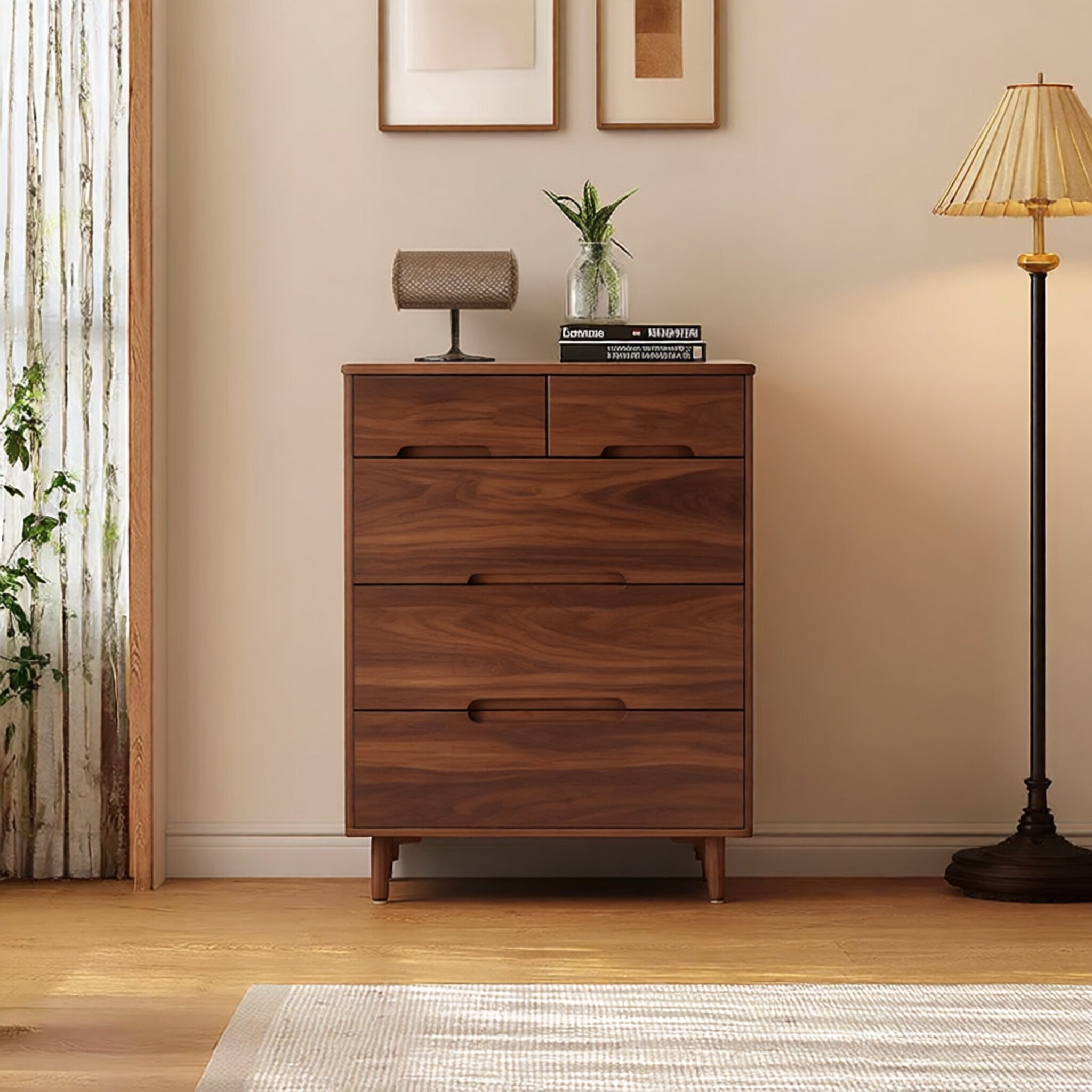 实木白蜡木五斗柜北欧客厅收纳柜卧室储物柜子收纳柜胡桃木色边柜