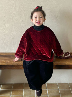 2024冬季新款童装 韩版童装 女童新年红丝绒棉服 夹棉棉服 外套