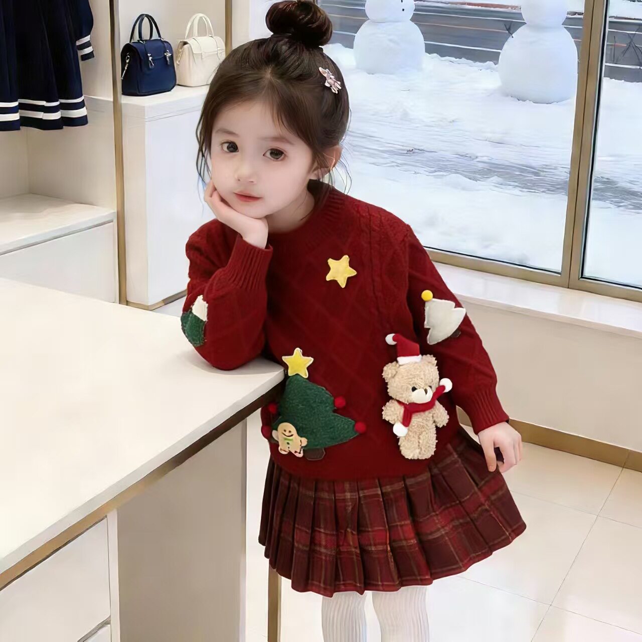 儿童毛衣套装秋冬新款女宝宝喜庆年服针织套裙洋气圣诞毛衣格子裙