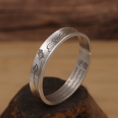 荷花心经999纯银足银手镯民族风女纯手工复古开口凹面手环送妈妈