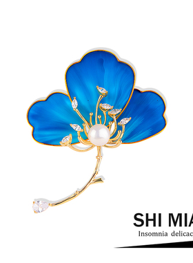 蓝色非遗绒花鸢尾花胸针女高档精致气质感奢华旗袍新中式胸花配饰