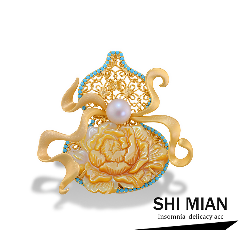 古法镂空雕刻祥云蓝松葫芦胸针