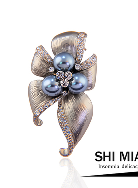 气质小众知性灰色珍珠花朵胸针女高档精致西装大衣胸花别针配饰礼