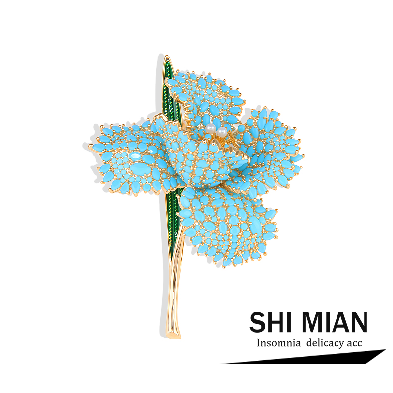 新品蓝松石立体玫瑰花朵胸针