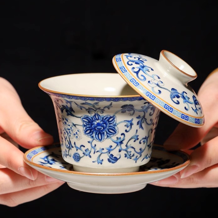 凌胜青花汝窑三才盖碗茶杯子家用功夫茶具泡茶杯大号防烫茶碗带盖