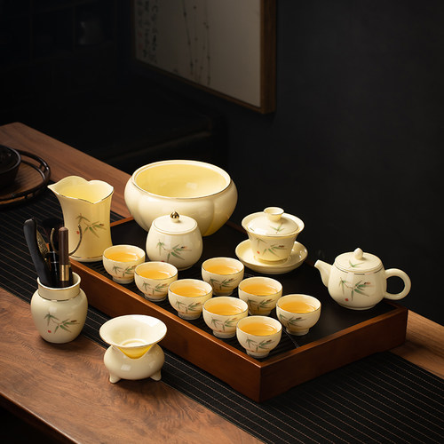 高档羊脂玉茶具套装黄宝石陶瓷