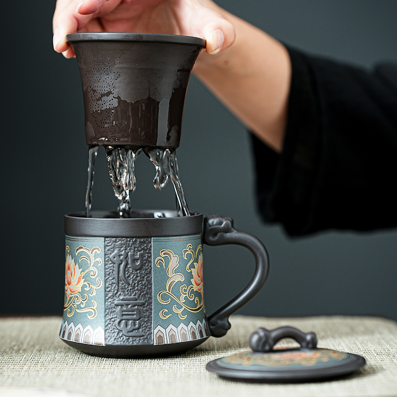 紫砂茶杯茶水分离杯办公室带盖