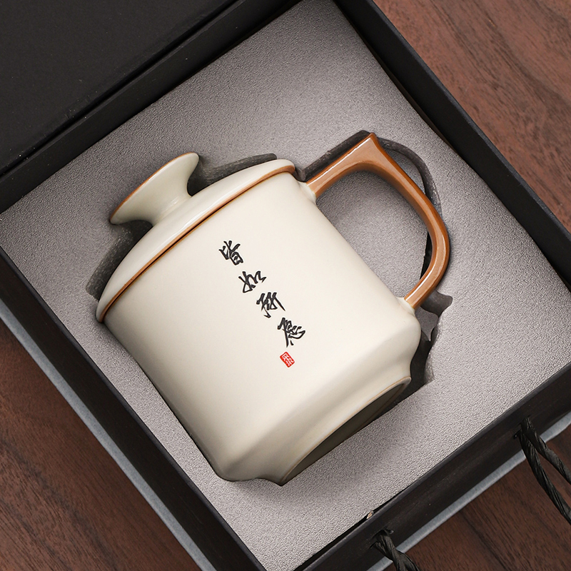 汝窑茶杯陶瓷办公室马克杯喝茶杯个人专用杯子带盖水杯家用伴手礼