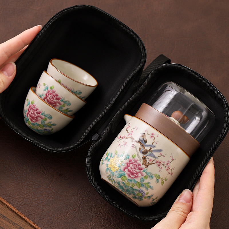 汝窑旅行功夫茶具一壶三杯便携式快客杯收纳包户外露营泡茶壶茶杯