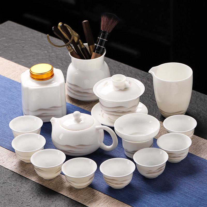 羊脂玉白瓷整套功夫茶具套装家用茶壶盖碗茶杯办公泡茶碗轻奢高档