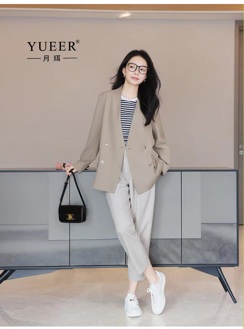 时尚通勤休闲大V领双排扣女款纯色西装外套上衣