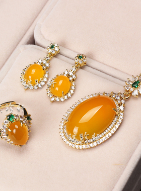 玛瑙钻石镶嵌宝石镀金套装项链