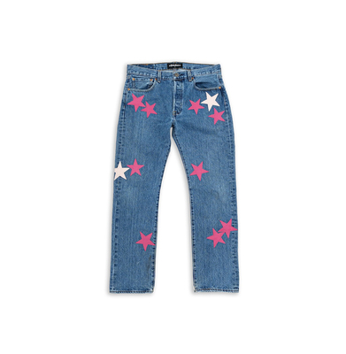 罗志祥GOTNOFEARS正品浅粉色与亮粉色皮革星星限定水洗牛仔裤男女