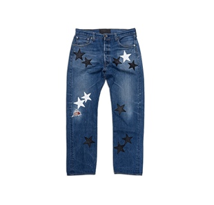 罗志祥GOTNOFEARS正品黑+白色皮革星星古著牛仔裤男女同款