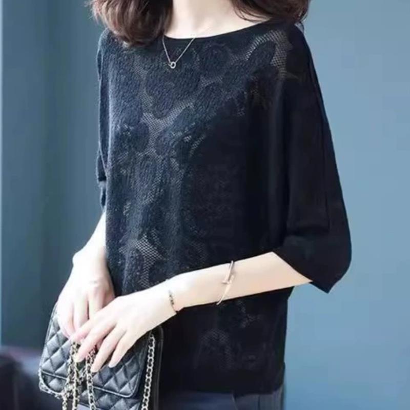 新款七分袖宽松显瘦百休闲圆领套头针织衫毛衣女保健环秋季搭打底