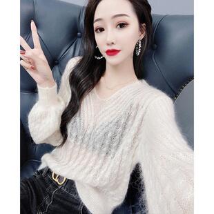 欧洲站秋装新款V领针织打底衫女性感宽松慵懒风马海毛毛衣潮个性