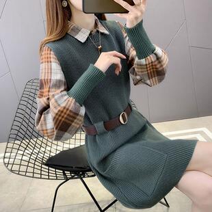 格子衬衫毛衣马甲女时尚套装针织两件套2022洋气中长款收腰毛衣裙