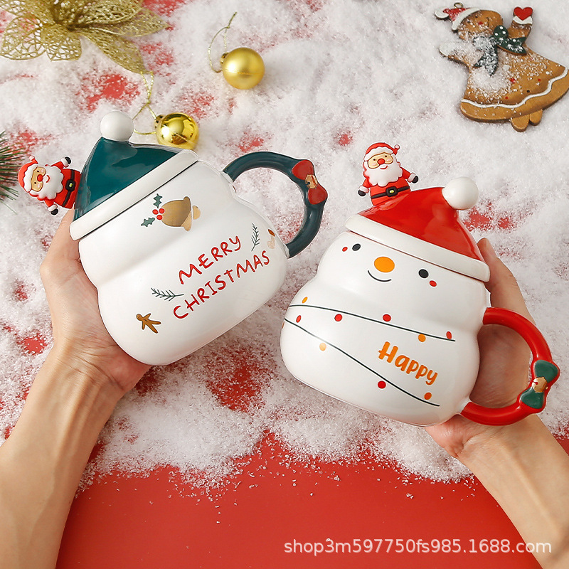 Christmas ceramic cup with lid spoon new gift box圣诞水杯