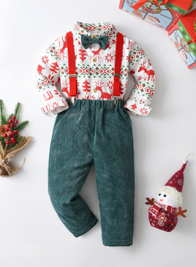 Christmas top green pantsuit two圣诞背带裤子套装两件