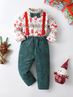Christmas top green pantsuit two圣诞背带裤子套装两件