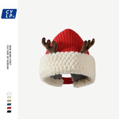 Red ChristmasCute Knitted Hat Girl红色圣诞节毛绒针织帽女冬季