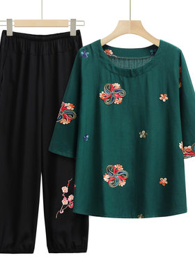 老人家衣服奶奶夏季新款中老年大码女装T恤衫套装妈妈洋气上衣潮