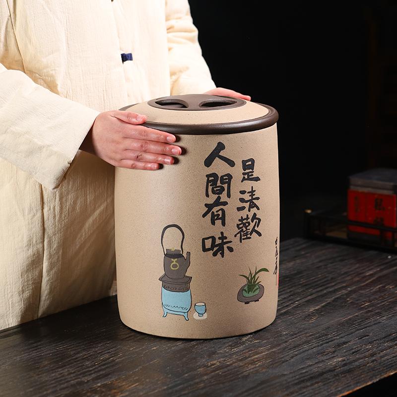 宜興紫砂茶葉罐家用大號普洱白茶密封儲茶罐手繪粗陶瓷防潮存茶缸