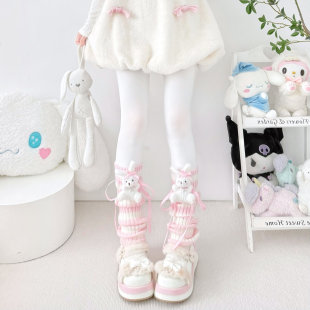 自制可爱少女Lolita袜子粉色条纹jk腿套玩偶竖条针织显瘦中筒袜套