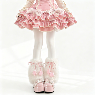 自制奶油夹星Lolita秋冬保暖仿皮草毛毛腿套可爱粉色星星绑带袜套