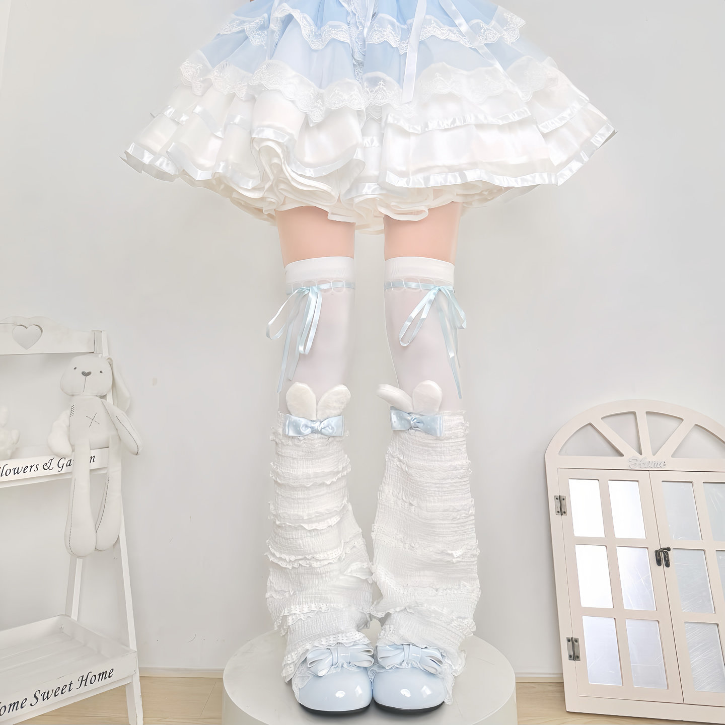春夏原创可爱兔耳朵jk中筒袜女阔腿腿套学生显瘦蝴蝶结喇叭袜套