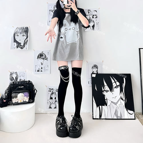 原创亚文化骨头高筒袜女暗黑朋克cos链条日系显瘦黑丝长筒过膝袜