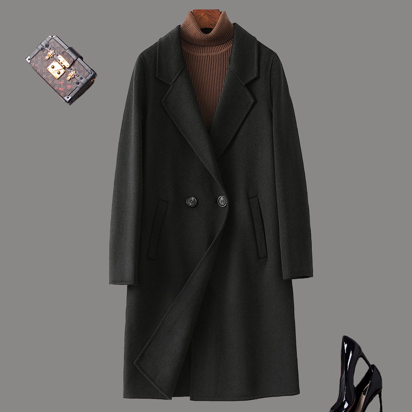 西装领双排扣双面羊毛呢大衣女