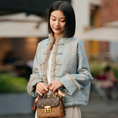 高级感新中式 国风立领盘扣水貂毛边桑蚕丝提花加厚唐装 棉服外套女