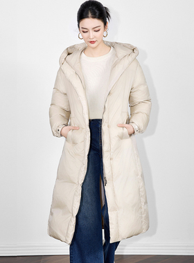 冬季新款时尚连帽双拉链长款过膝加厚保暖白鸭绒光面羽绒服外套女