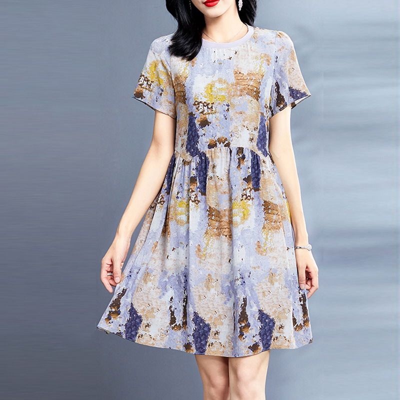 圆领真丝印花小个子宽松连衣裙