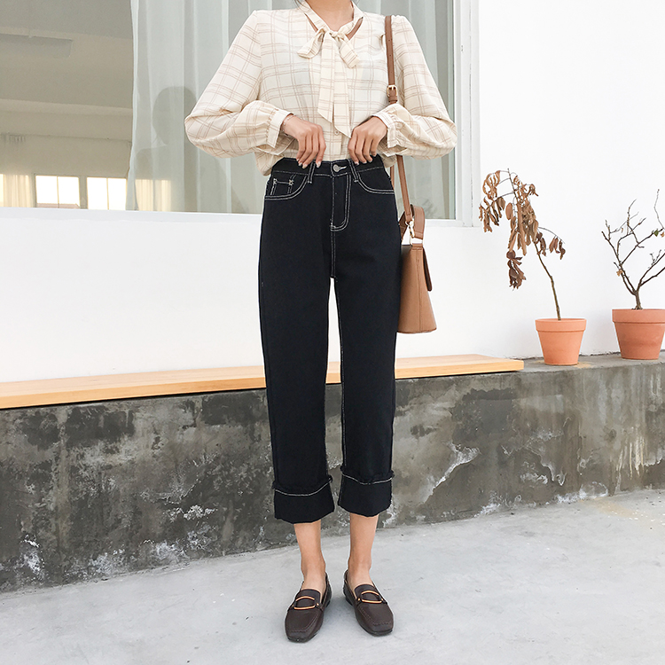 Real shot black jeans high waist pants women show thin, versatile autumn and winter new loose student straight Pants Capris