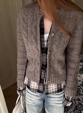 PPQ/2025秋冬新款针织衫假两件格纹拼接设计感上衣圆领开衫外套