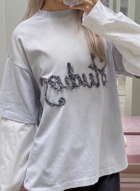 PPQ/25秋冬新款字母刺绣亮丝中性风上衣vintage假两件长袖圆领t恤