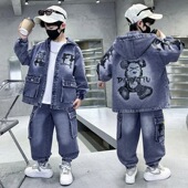 酷帅学生风格 男童春秋季 2026中大童小男孩牛仔两件套时尚 新款 套装