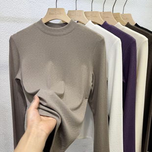T恤上衣 内搭长袖 2025秋冬韩系半高立领雪花羊绒螺纹打底衫 女修身