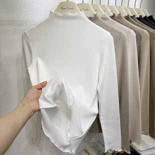 长袖 上衣洋气羊绒内搭 女修身 2025秋冬磨毛薄绒木耳边半高领打底衫