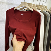 新款 方领露锁骨长袖 T恤女修身 2025秋装 显瘦螺纹棉百搭打底衫 上衣